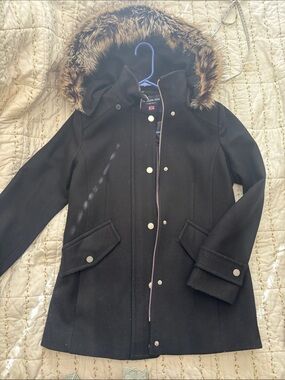 Women’s Black Wool Blend Hooded Coat with Faux Fur Trim